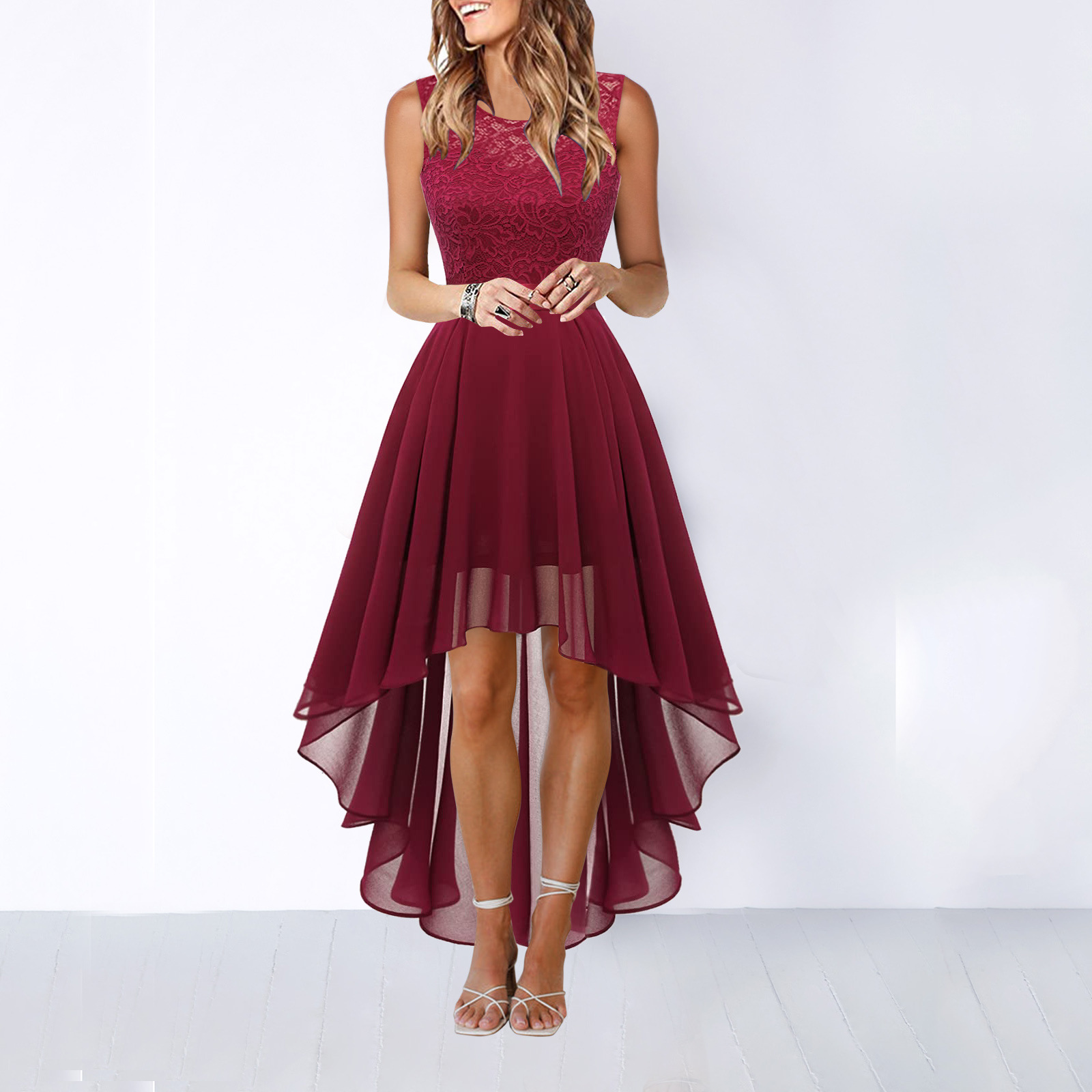 Robe de Mariage Formelle Femme Hi-Low Midi Sans Manches Fluide Élégante