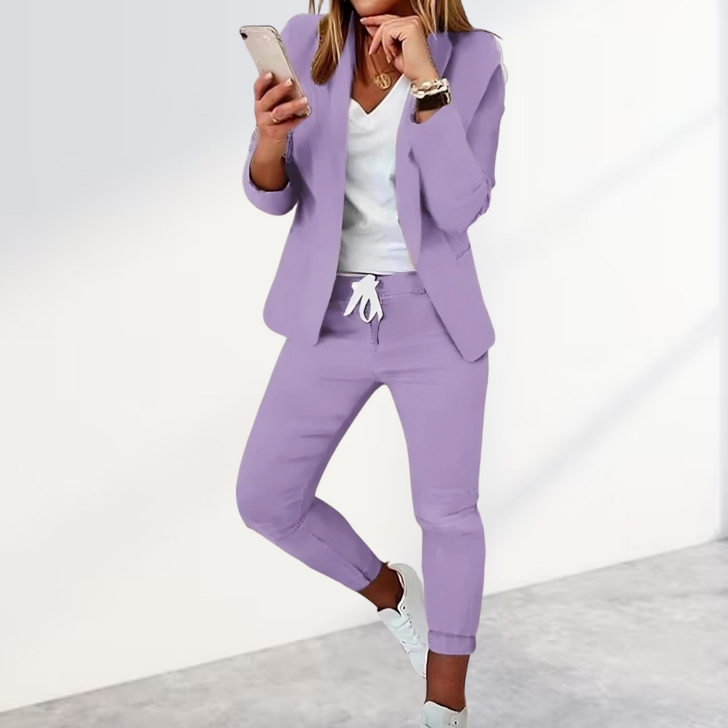 Ensemble Blazer Élégant et Pantalon Jogger pour Femmes - Professionnel Décontracté en Polyester Ajusté au Quotidien – Noir