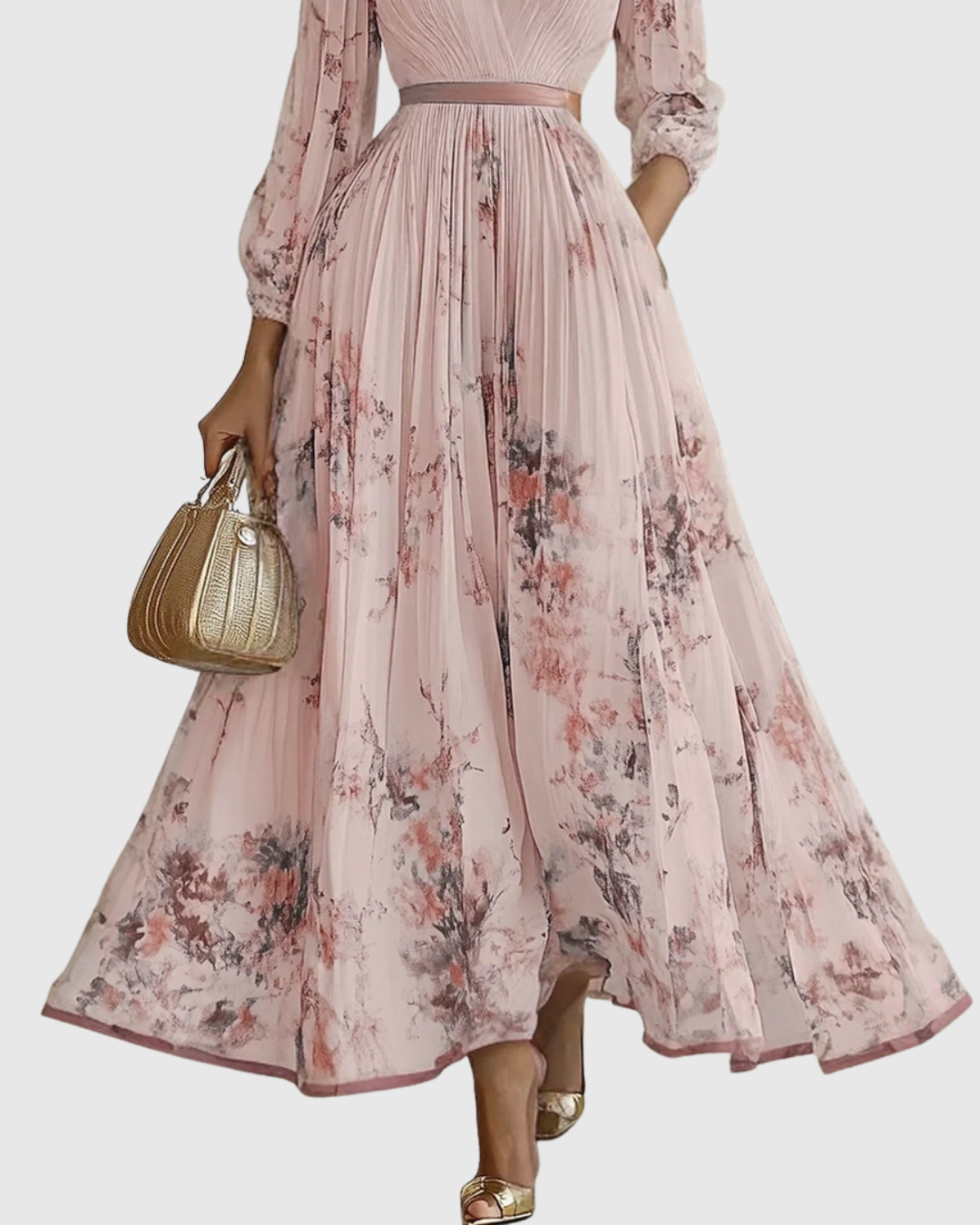 Robe Longue Plissée Florale Élégante pour Femme, Col V, Manches Longues, Taille Ruban, Formelle et Décontractée – Rowella