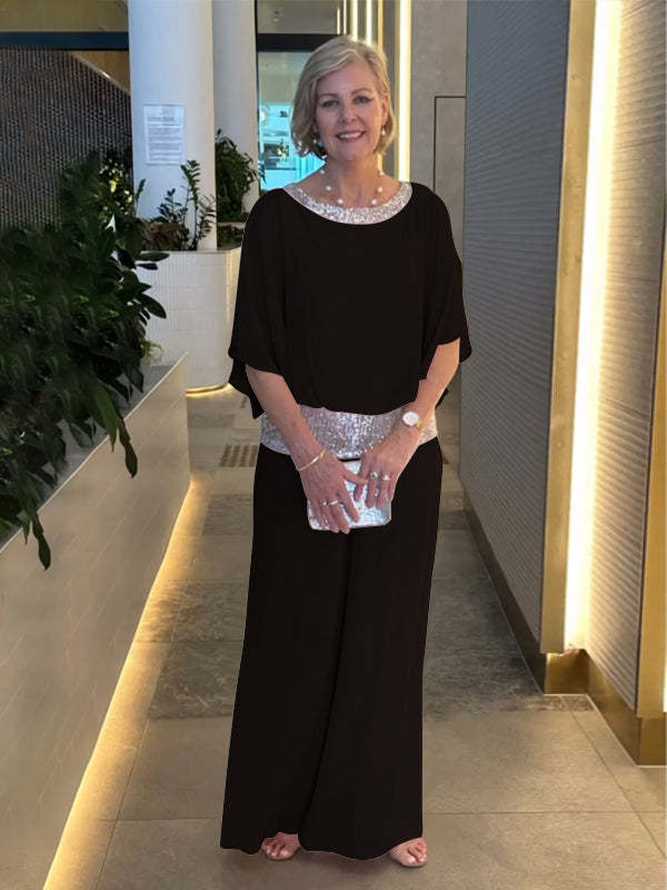 Zweiteiliges Damen-Ensemble für festliche Anlässe mit Pailletten, weitem Polyesterhose – Nyla