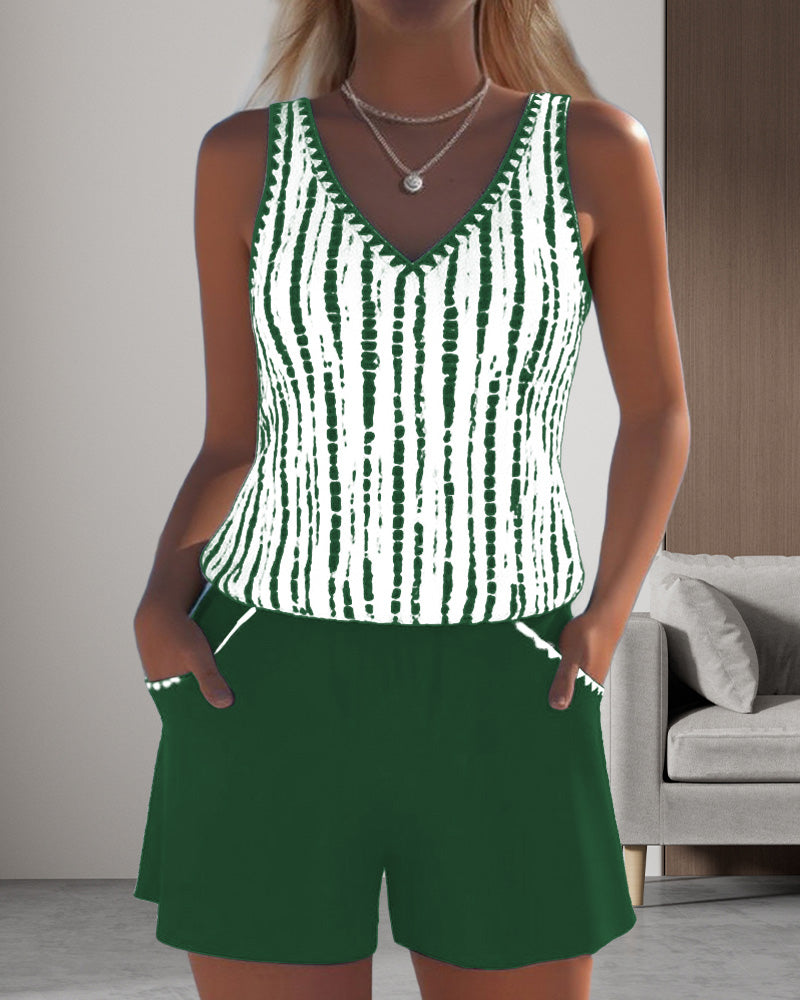 Ensemble Tankini à Rayures avec Poche V-Cou pour Femmes, Short Uni, Plage, Piscine, Vacances, Resort, Décontracté, Été, Actif – Nautica
