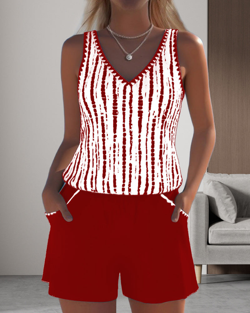Ensemble Tankini à Rayures avec Poche V-Cou pour Femmes, Short Uni, Plage, Piscine, Vacances, Resort, Décontracté, Été, Actif – Nautica