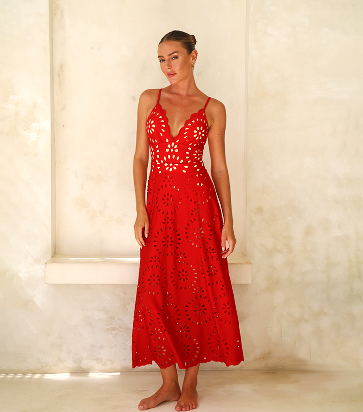 Maillot de Bain Une Pièce Floral Avec Découpes Et Ensemble Jupe Longue V-cou Pour Vacances à La Plage, Fête Au Bord De la Piscine, Été – Rouge