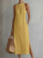 Robe Midi en Lin Minimaliste Rétro Femme Sans Manches Col Haut Détail en Dentelle Décontractée Été Plage Vacances Quotidien – Céleste