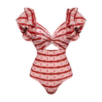 Ensemble Maillot de Bain Une Pièce Volants Twist Front Rayures Rouge Blanc Jupe Maxi Resort Plage Vacances Soirée – Rougeola