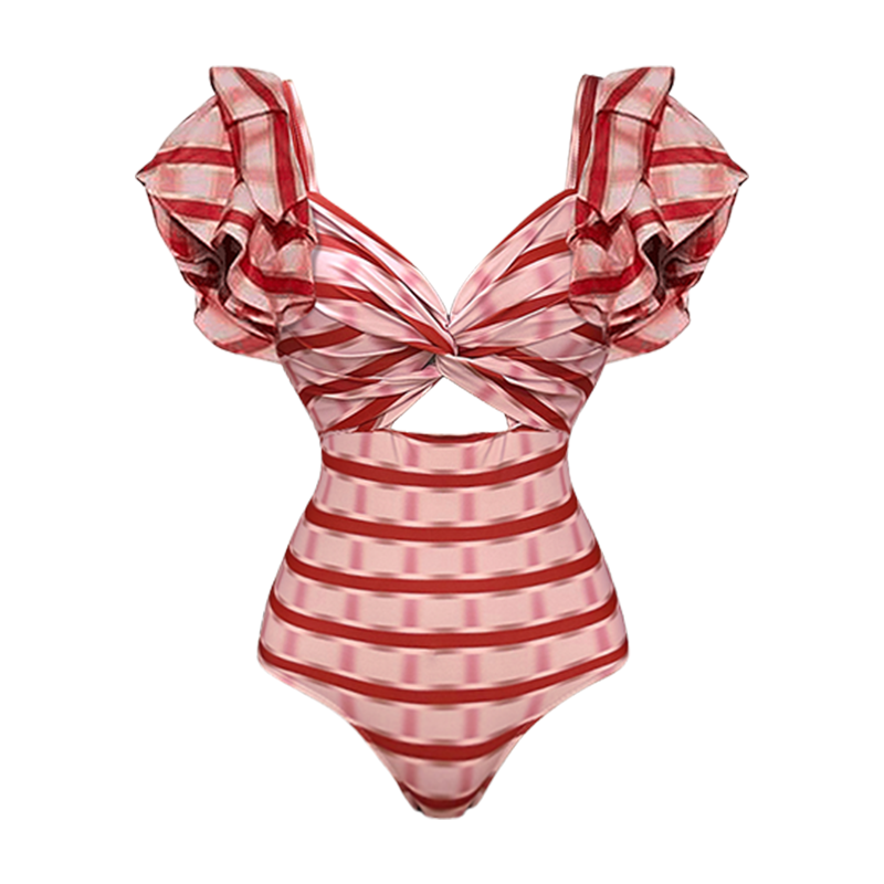 Ensemble Maillot de Bain Une Pièce Volants Twist Front Rayures Rouge Blanc Jupe Maxi Resort Plage Vacances Soirée – Rougeola