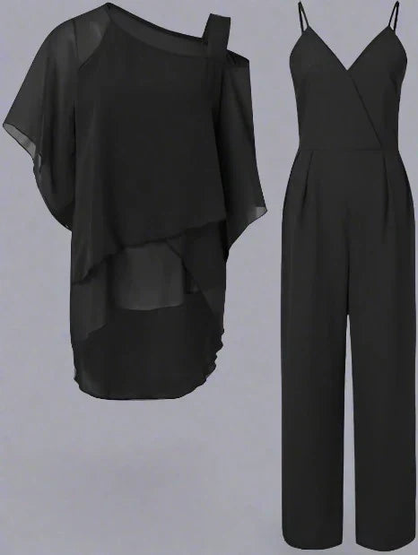 Conjunto de lujo de chiffon para mujer - Blusa superpuesta y pantalones anchos elegantes para noches y oficina