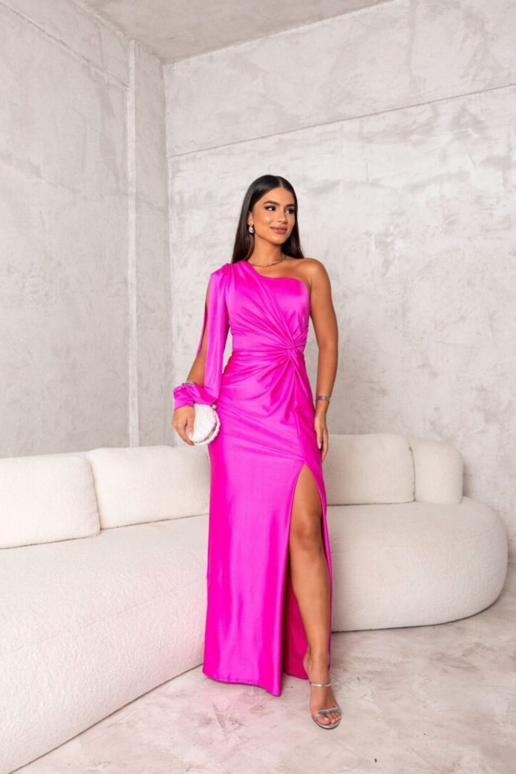 Vestido largo de un solo hombro para mujer con mangas flotantes y abertura lateral elegante para boda, formal, noche – Helen