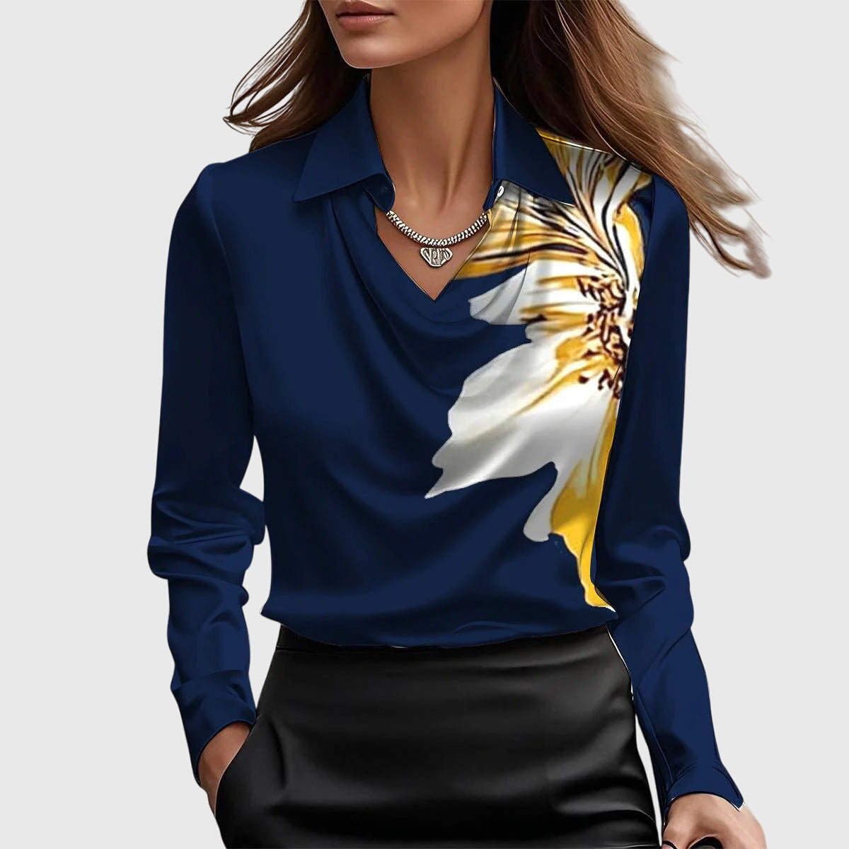 Blouse Élégante en Satin pour Femme Col Drapé à Manches Longues Brillance Luxe Coupe Fluide Chic Décontracté – Brooklyn