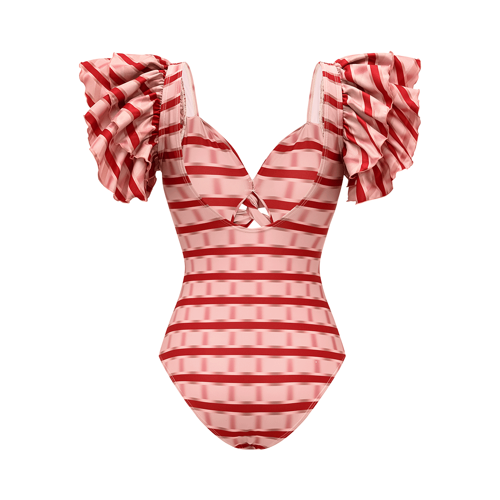 Ensemble Maillot de Bain Une Pièce Volants Twist Front Rayures Rouge Blanc Jupe Maxi Resort Plage Vacances Soirée – Rougeola