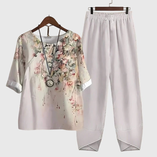 Lässiges Damen-Set aus zwei Teilen mit Print, kurzärmeligem Oberteil und weiten, bequemen Hosen für den Alltag – Alessia