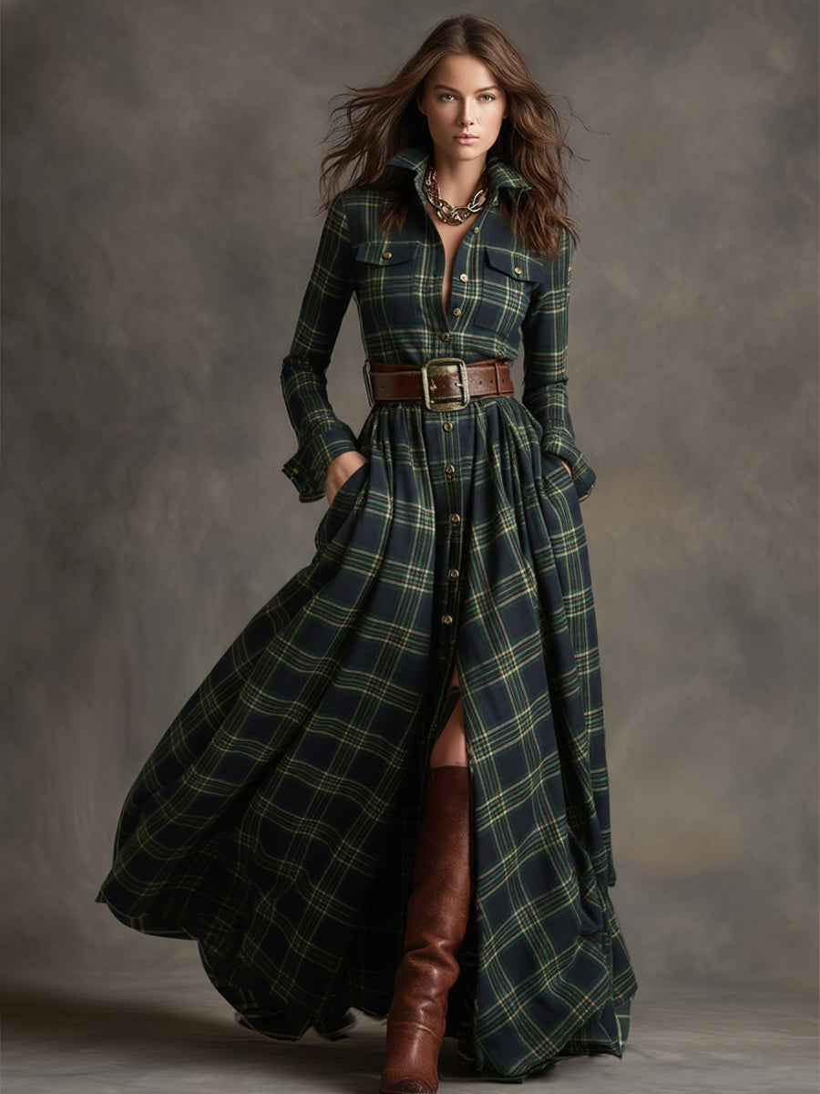 Robe longue décontractée à carreaux ethniques rétro pour femmes avec col, ceinture et manches longues – Marron rougeâtre