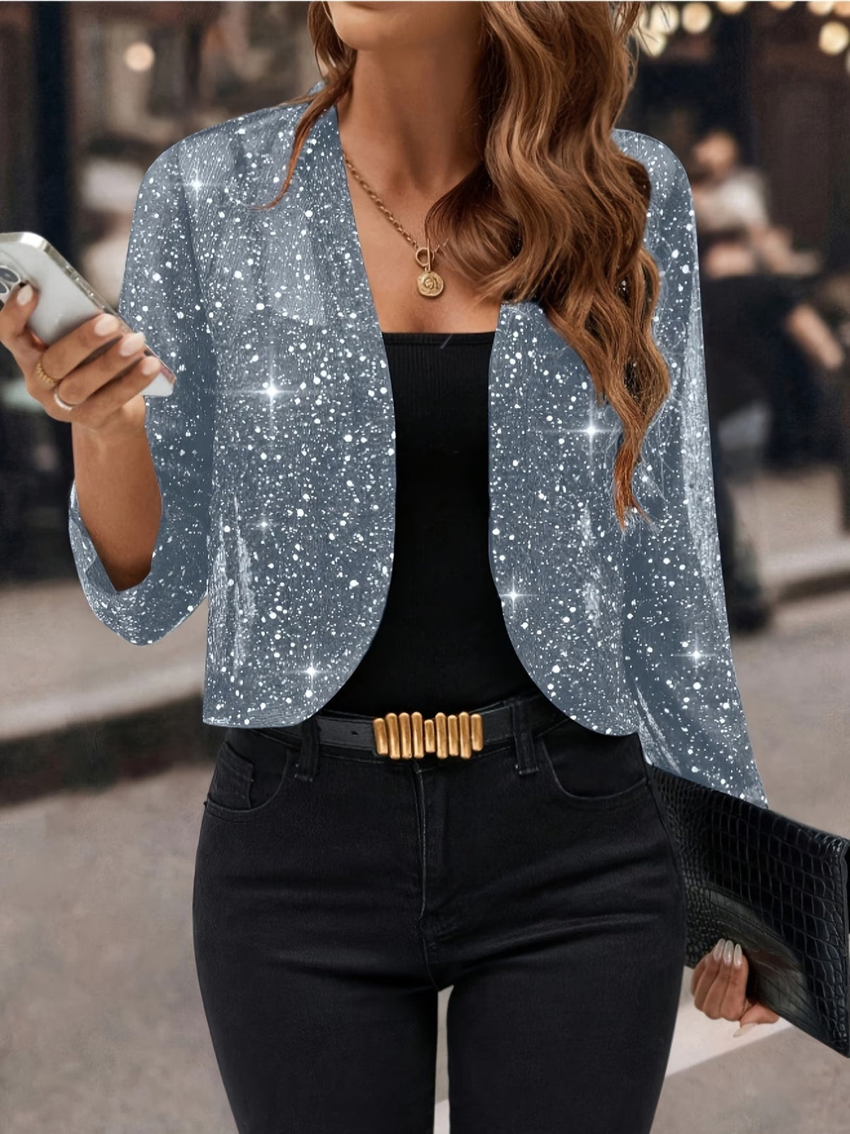 Blazer Femme Court à Paillettes Scintillantes, Col Ouvert, Coupe Crop