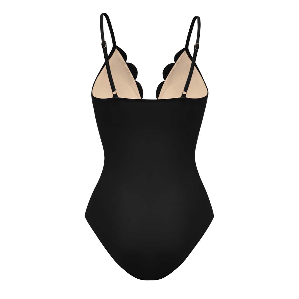 Maillot de Bain Une Pièce à Découpes Florales Au laser Pour Femmes & Ensemble Jupe Longue à Décolleté En V – Noir