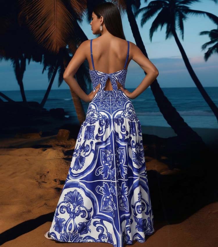 Ensemble Maillot de Bain Une Pièce Imprimé Majolique Méditerranéen Jupe Longue Short Plage Resort Vacances Été – Majolika