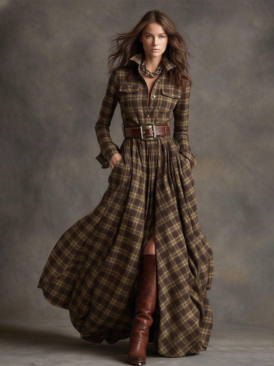 Robe longue décontractée à carreaux ethniques rétro pour femmes avec col, ceinture et manches longues – Marron rougeâtre