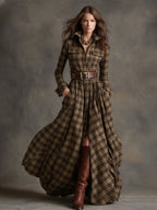Robe longue décontractée à carreaux ethniques rétro pour femmes avec col, ceinture et manches longues – Marron rougeâtre