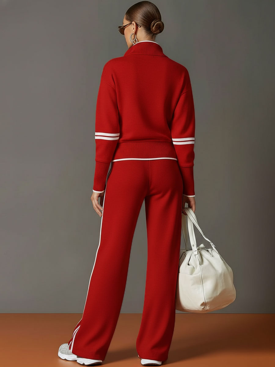 Retro sportieve dames set in twee delen, halve rits sweater, wijde broek met strepen – Grijs wit