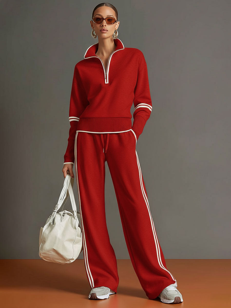 Ensemble Sportif Rétro Femme en Deux Pièces Sweat-Shirt à Demi-Zip Pantalons à Jambes Larges à Rayures – Gris Blanc