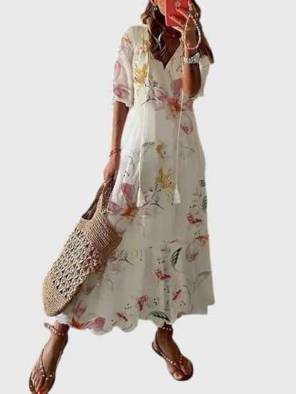 Robe Midi d'Été Vintage Boho pour Femmes Imprimé Floral à Manches Courtes Décontractée Féminine Chic – Amalia