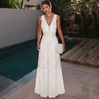 Ensemble Maillot de Bain Une Pièce Col V Découpe Laser Florale Jupe Maxi Blanc Resort Plage Lune de Miel Soirée – Laceline
