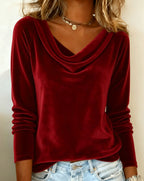 Top de terciopelo con cuello drapeado para mujer, de manga larga, casual, elegante, para uso diario, trabajo, fiesta, vacaciones, festivo, suave – Veloria