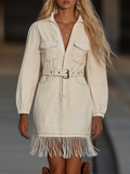 Robe Femme Courte Denim Rétro Franges Ceinture Manches Longues Coupe Cowgirl Soirée Chic Bureau Week-End Quotidien Automne – Dixie