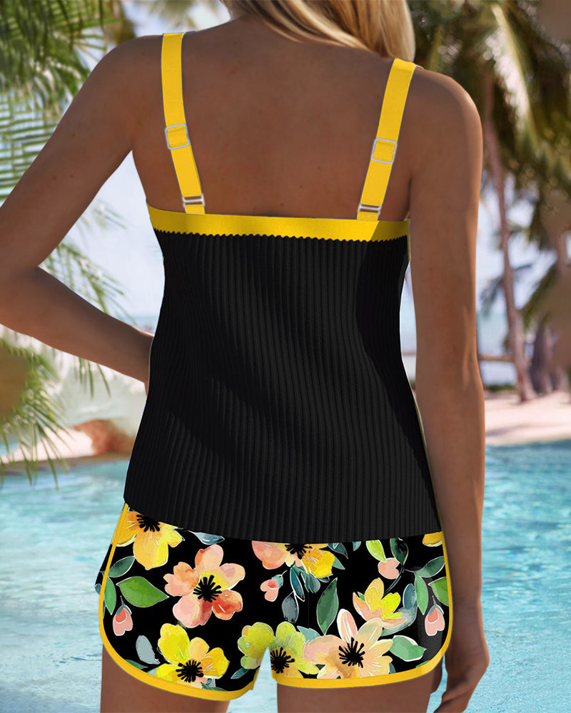 Ensemble de Tankini Femme à Deux Pièces Imprimé Floral avec Short Dos Nu pour Plage, Vacances, Piscine, Été, Station Balnéaire – Soleil