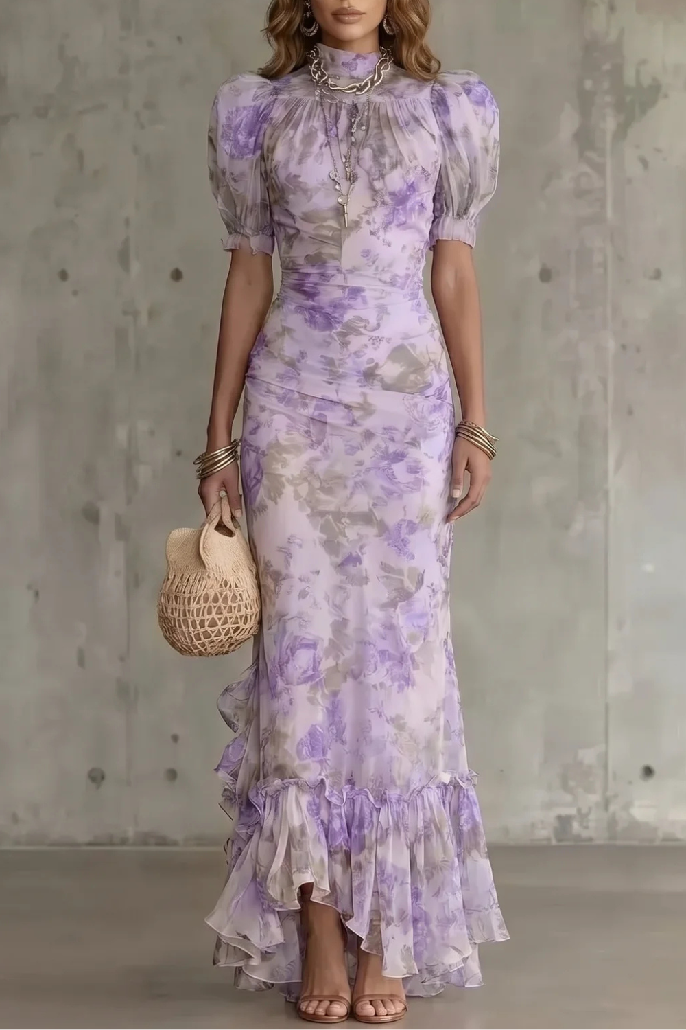 Vestido largo floral vintage mangas abullonadas cuello alto corsé ajustado dobladillo volante poliéster mujer elegante boda jardín fiesta – Roselique