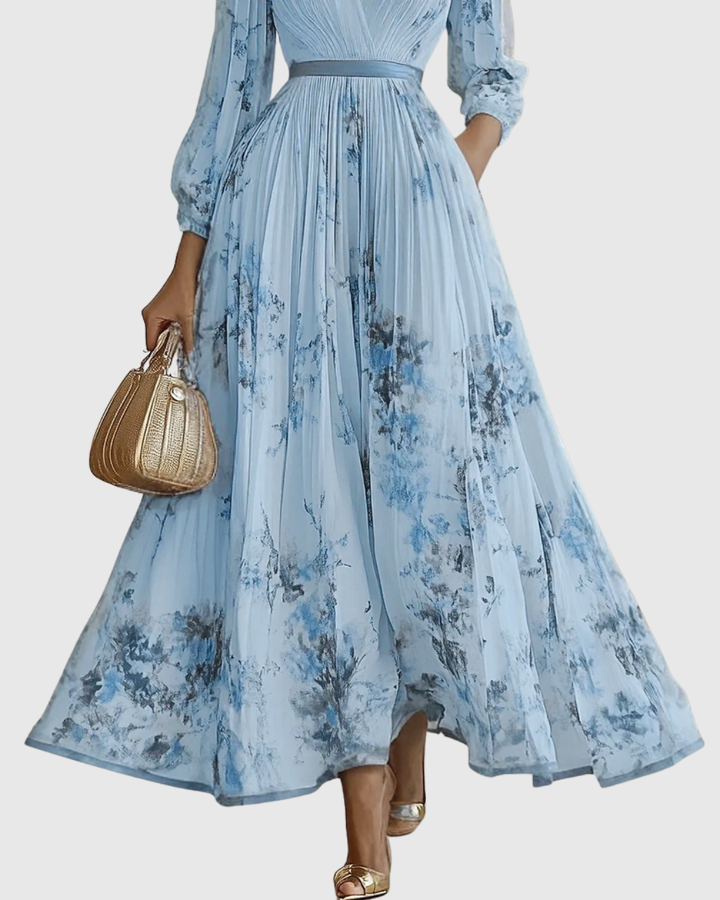 Robe Longue Plissée Florale Élégante pour Femme, Col V, Manches Longues, Taille Ruban, Formelle et Décontractée – Rowella