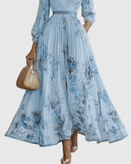 Robe Longue Plissée Florale Élégante pour Femme, Col V, Manches Longues, Taille Ruban, Formelle et Décontractée – Rowella