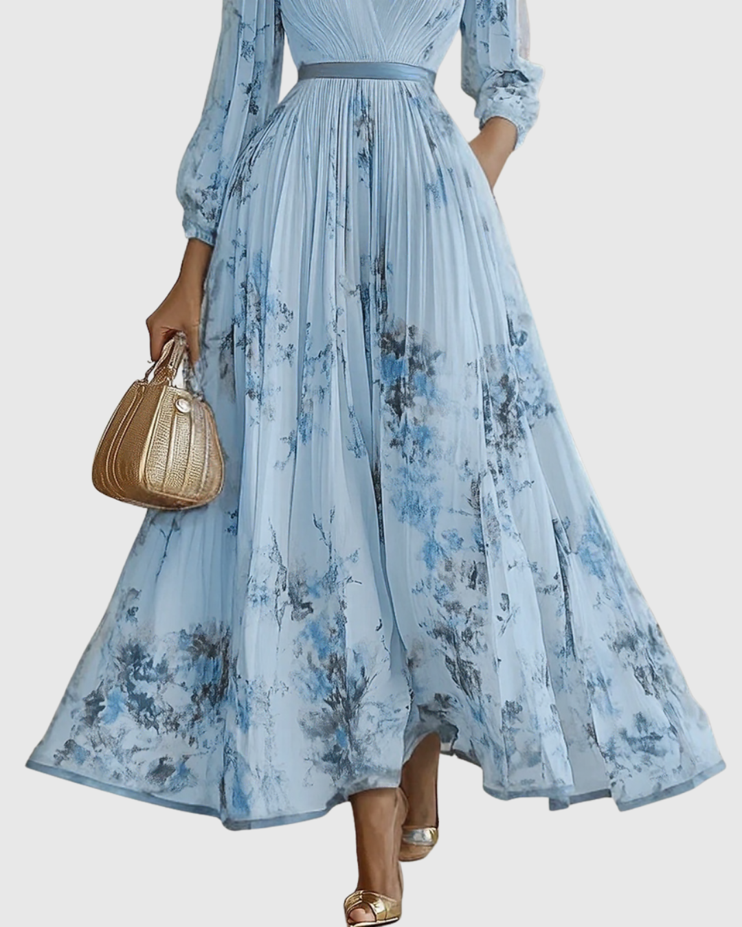 Robe Longue Plissée Florale Élégante pour Femme, Col V, Manches Longues, Taille Ruban, Formelle et Décontractée – Rowella
