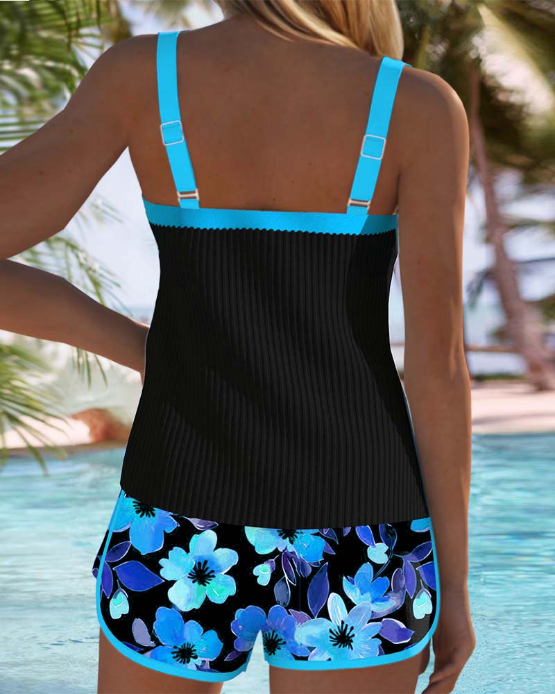 Ensemble de Tankini Femme à Deux Pièces Imprimé Floral avec Short Dos Nu pour Plage, Vacances, Piscine, Été, Station Balnéaire – Soleil