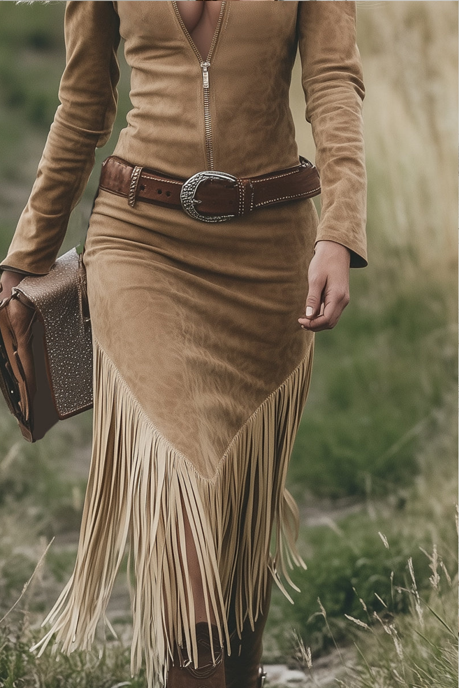 Robe Midi Cowgirl Western Rétro pour Femme avec Col Structuré, Fermeture Éclair et Détails à Franges – Camel
