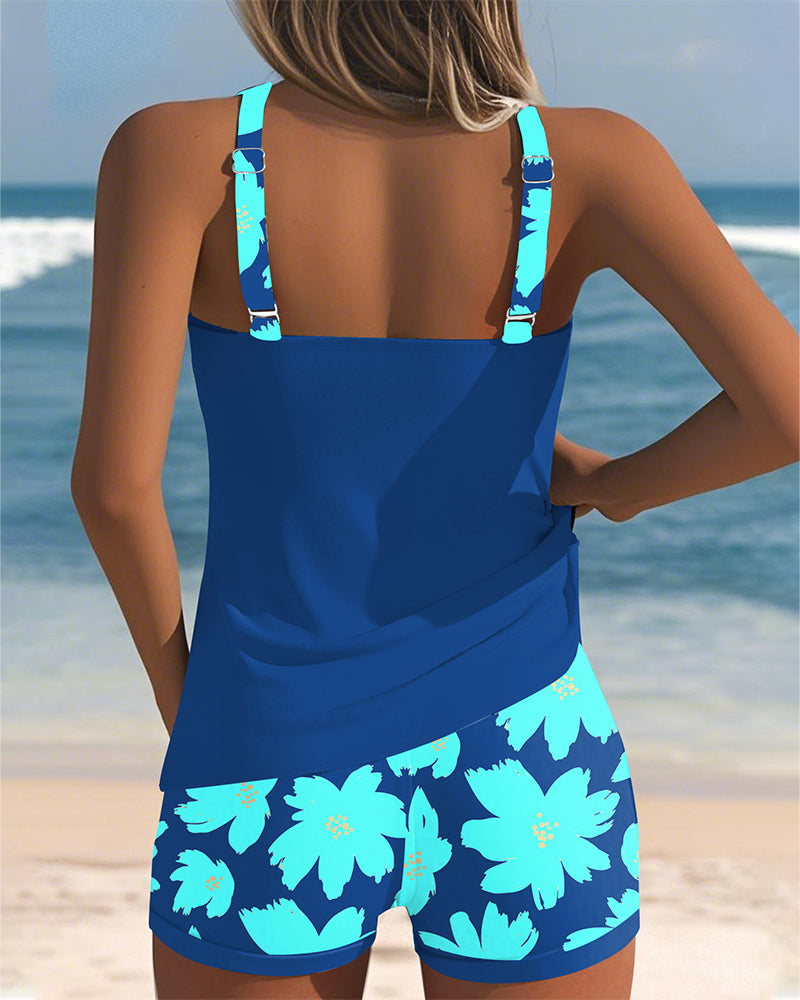 Ensemble Tankini Floral à Encolure U Sans Manches avec Short Boxer pour Femmes – Paradiso