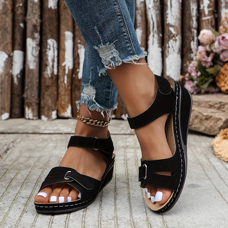 Sandales Wedge Orthopédiques pour Femmes à Bride Ajustable, Ouvertes à l'Avant, Soutien de la Voûte Plantaire, Chaussures d'Été Décontractées – Alfreda