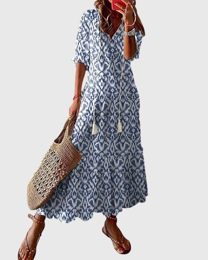 Robe Midi d'Été Vintage Boho pour Femmes Imprimé Floral à Manches Courtes Décontractée Féminine Chic – Amalia