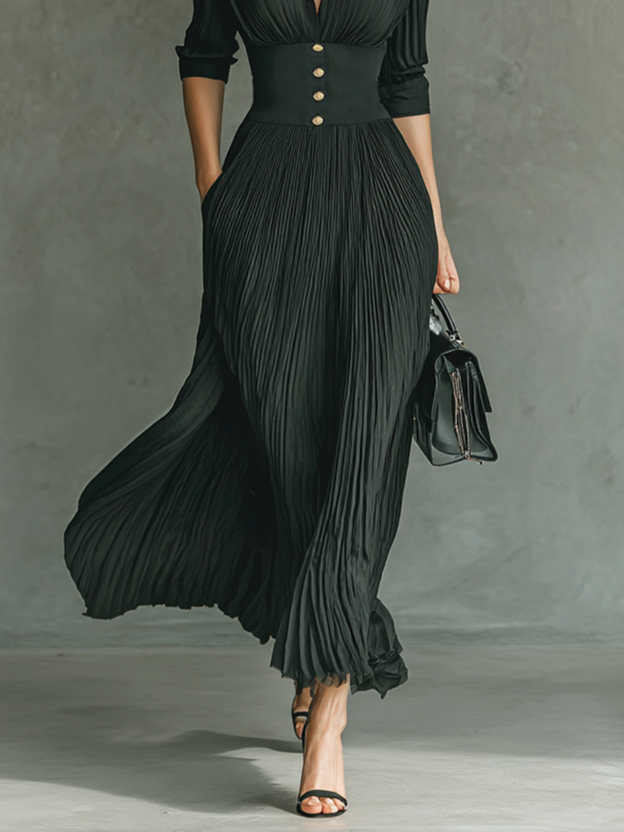 Robe Maxi Plissée Unie pour Femme avec Ceinture à Col Revers à Manches Longues Élégante et Décontractée – Noir