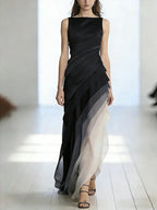 Robe Longue Sans Manches en Tulle Patchwork Taille Haute Jupe Éthérée Soirée Formelle Mariage Gala Événement – Bleu Marine et Noir