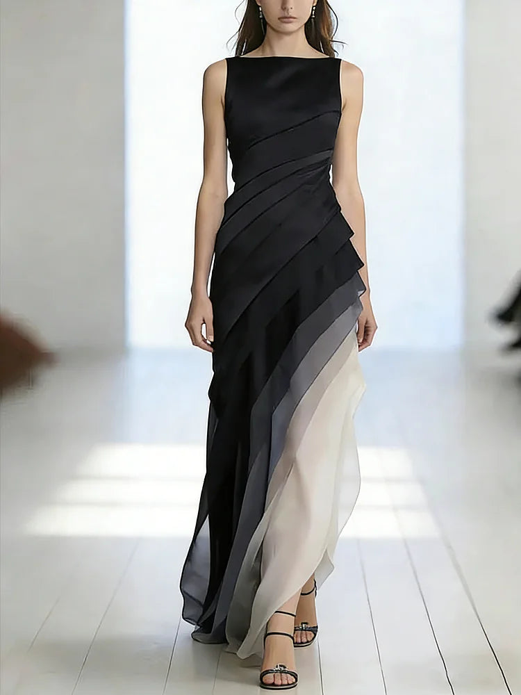 Robe Longue Sans Manches en Tulle Patchwork Taille Haute Jupe Éthérée Soirée Formelle Mariage Gala Événement – Bleu Marine et Noir