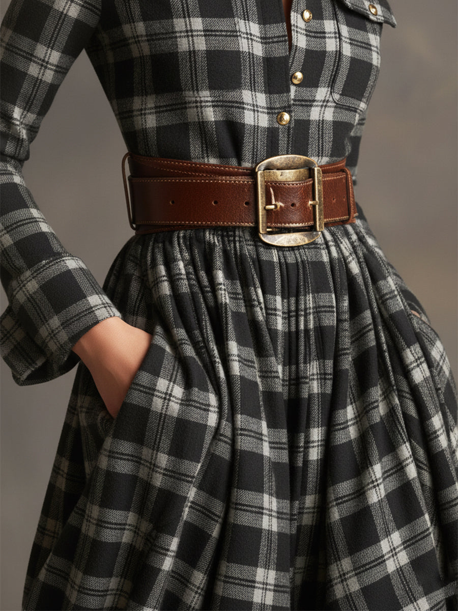 Robe longue décontractée à carreaux ethniques rétro pour femmes avec col, ceinture et manches longues – Marron rougeâtre