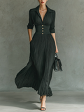 Abito maxi plissettato tinta unita per donna con cintura, colletto a risvolto, maniche lunghe, elegante e casual – Nero