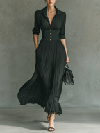 Abito maxi plissettato tinta unita per donna con cintura, colletto a risvolto, maniche lunghe, elegante e casual – Nero
