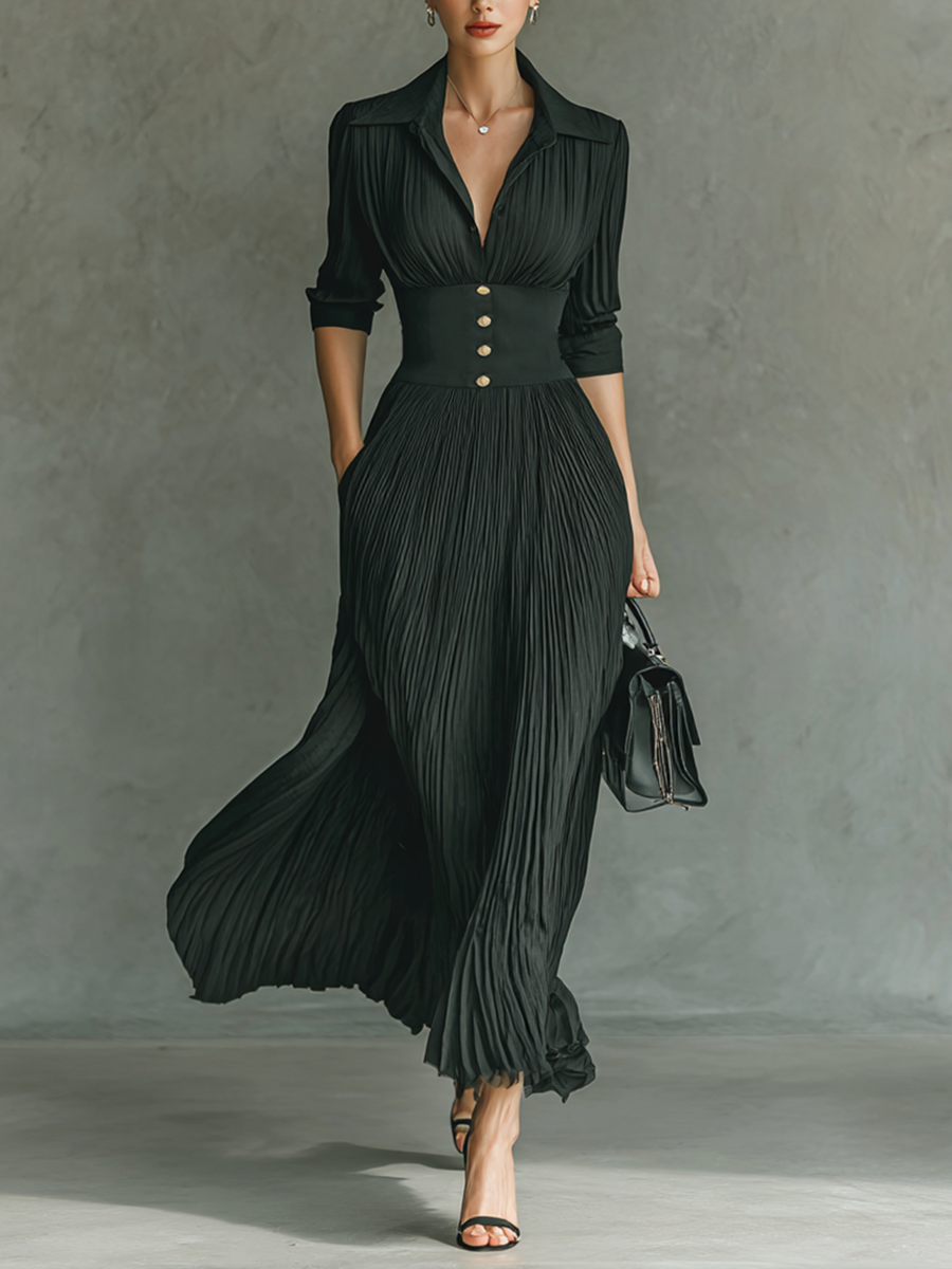 Robe Maxi Plissée Unie pour Femme avec Ceinture à Col Revers à Manches Longues Élégante et Décontractée – Noir