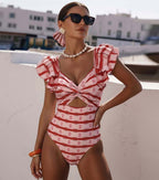 Ensemble Maillot de Bain Une Pièce Volants Twist Front Rayures Rouge Blanc Jupe Maxi Resort Plage Vacances Soirée – Rougeola