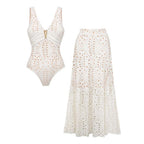 Ensemble Maillot de Bain Une Pièce Col V Découpe Laser Florale Jupe Maxi Blanc Resort Plage Lune de Miel Soirée – Laceline