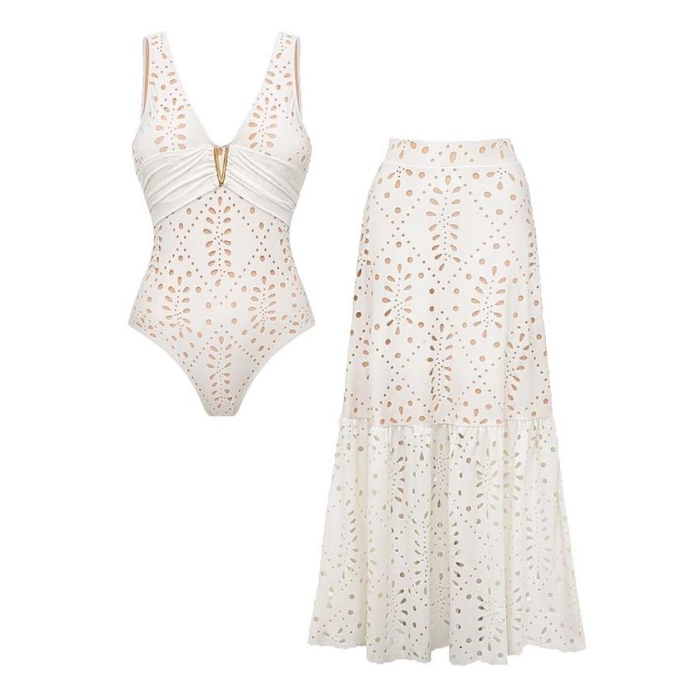 Ensemble Maillot de Bain Une Pièce Col V Découpe Laser Florale Jupe Maxi Blanc Resort Plage Lune de Miel Soirée – Laceline