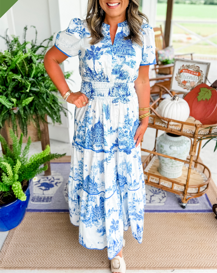 Robe Midi Toile Femme Taille Smockée Jupe Étagée Florale Printemps Jardin Fleurs Décontractée Été Élégante – Camille