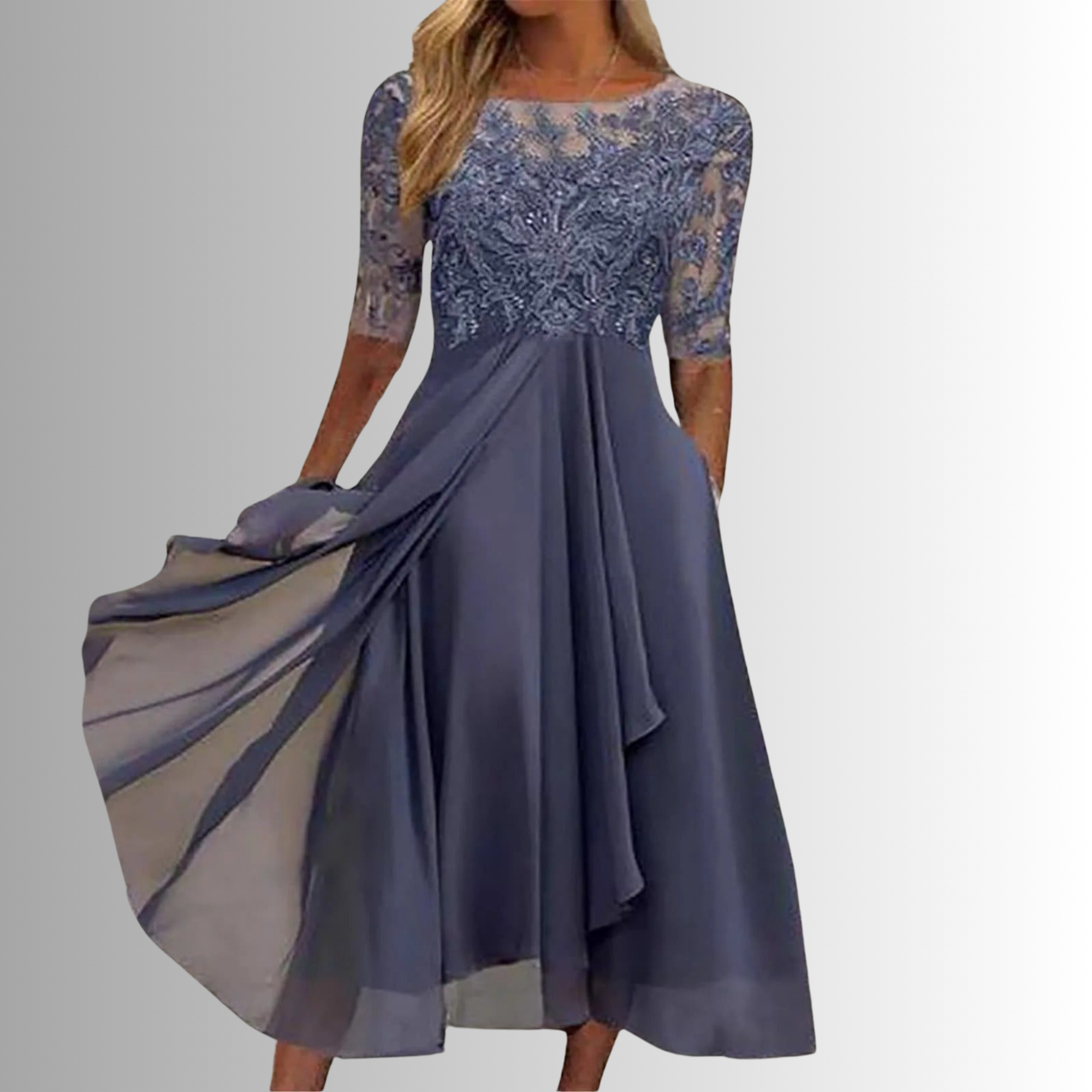 Robe Femme Midi Élégante en Dentelle Manches 3/4 Jupe Mousseline Superposée Formelle Mariage Invitée Mère de la Mariée Cocktail Cérémonie – Rhonda