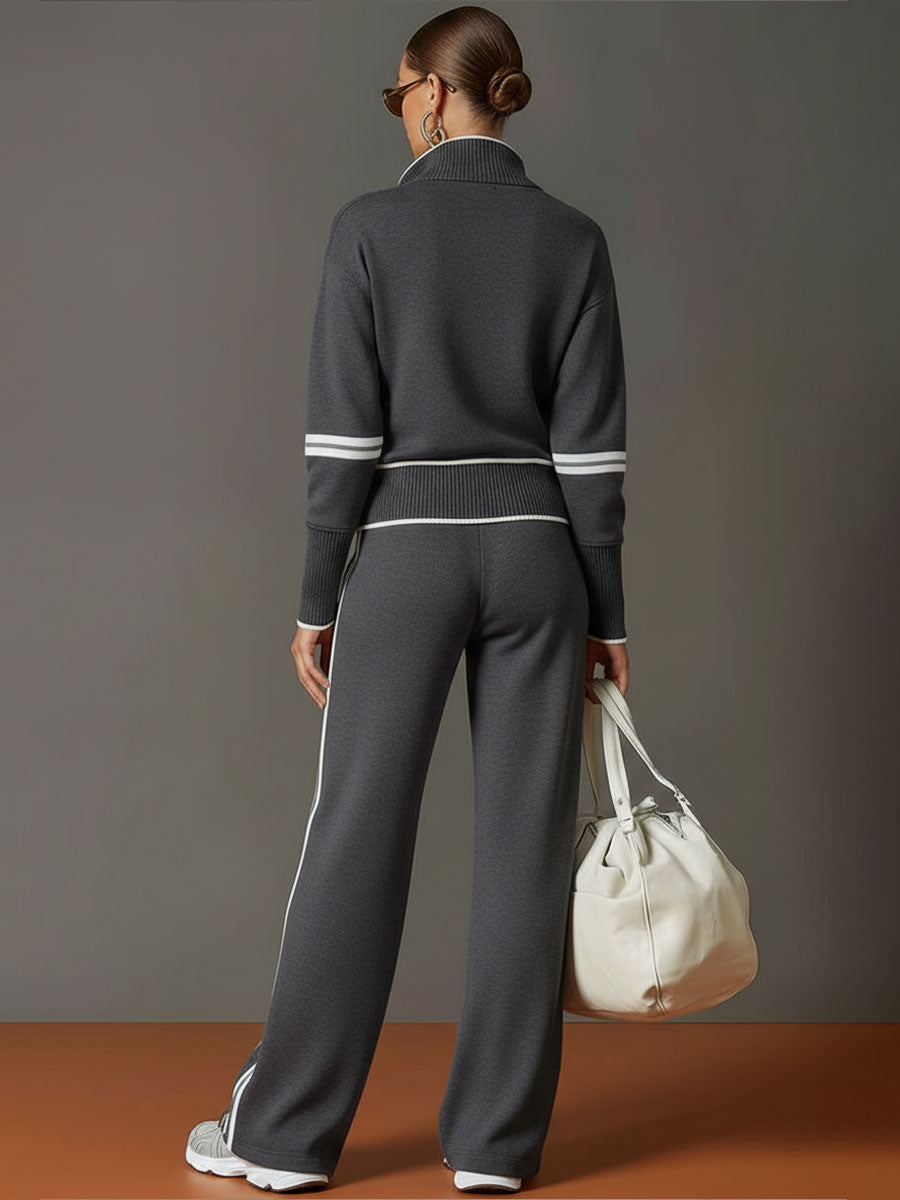 Retro sportieve dames set in twee delen, halve rits sweater, wijde broek met strepen – Grijs wit
